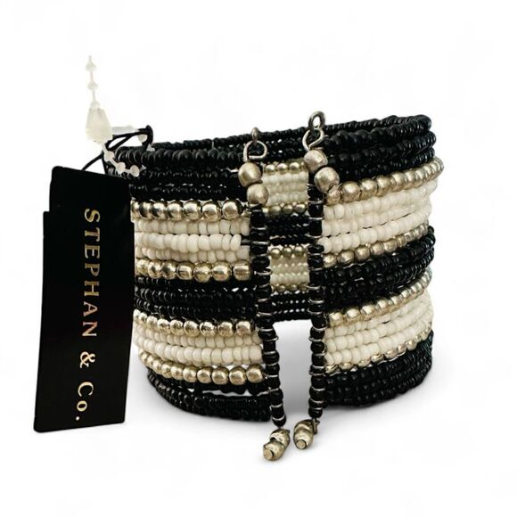 NWT Stephan & Co. Beaded Thick Cuff Bracelet Black White Silver Stripes - Picture 2 of 6
